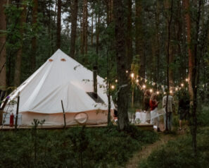 white tent in the forest with lights strung in the trees