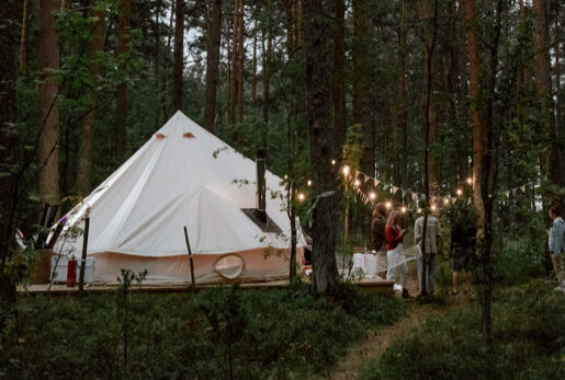 white tent in the forest with lights strung in the trees